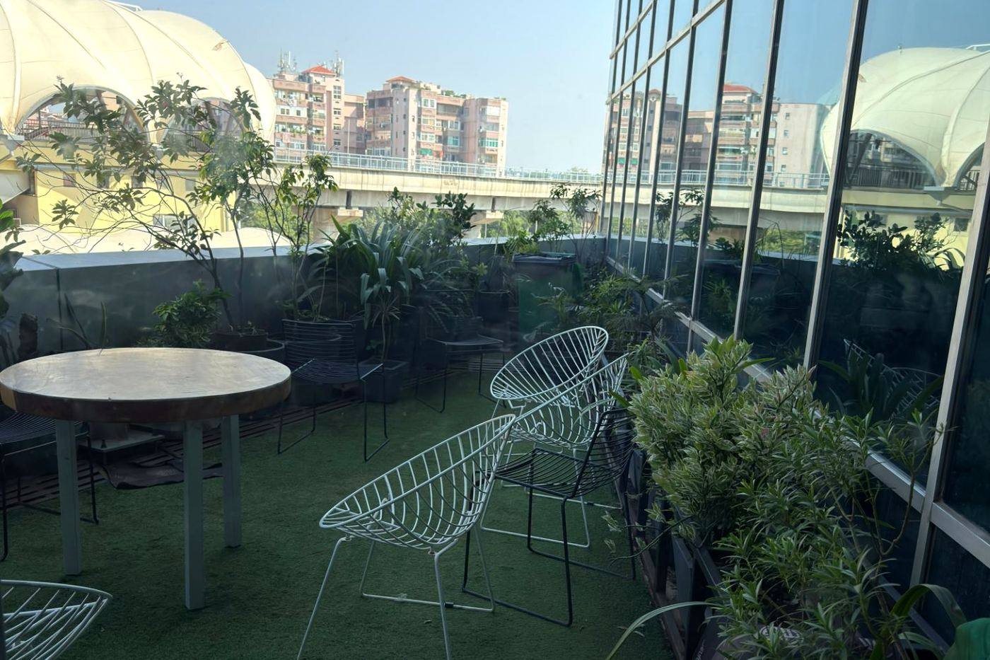 Open terrace with planting and seating at the Zorvix office